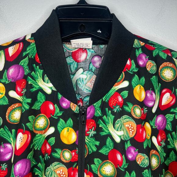 Vintage All Over Veggie Print Bomber Jacket Women's L Pockets Cotton Made in USA - Picture 3 of 13